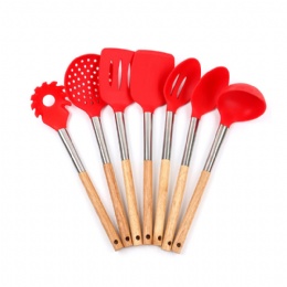 Silicone Kitchen Utensil Set Wood Handle Heat Resistant Cooking Leaking Shovel Tongs Spoon Spatula