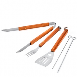 5pcs Stainless Steel Barbecue Tool Set with Solid Hard Wood Handles