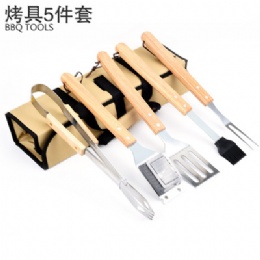 5 pcs rose wood handle stainless steel outdoor bbq tool set