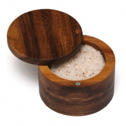 Amazon hot Acacia Wood Salt Box Removable Magnetic Swivel Lid Round Salt Pepper spice Jar Storage Seasoning Box
